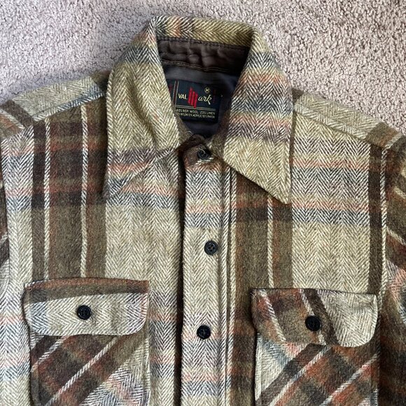 Vintage Wool Linen Brown Plaid Val-Mark Shacket Fall Hipster Retro Dagger Collar - Picture 2 of 8